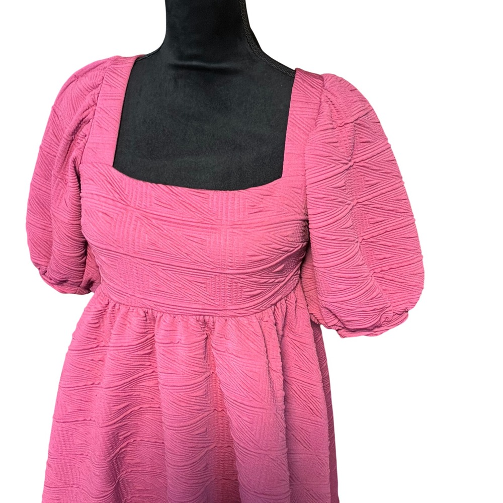 Free People Mini Dress S Pink Puff Sleeve Open Tie Back Textured Pocket